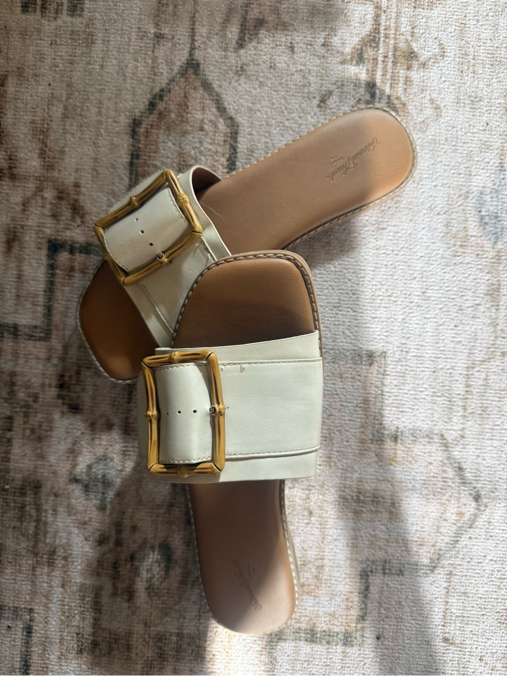 Leather Slide Sandals with Gold Buckle - Cream